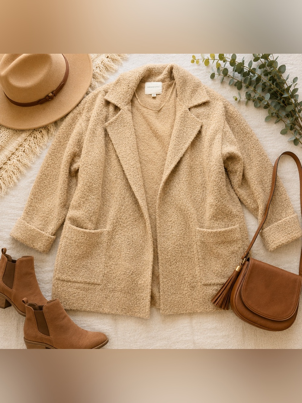 Thread & Supply Camel Bouclé Open Front Cardigan Jacket XXL